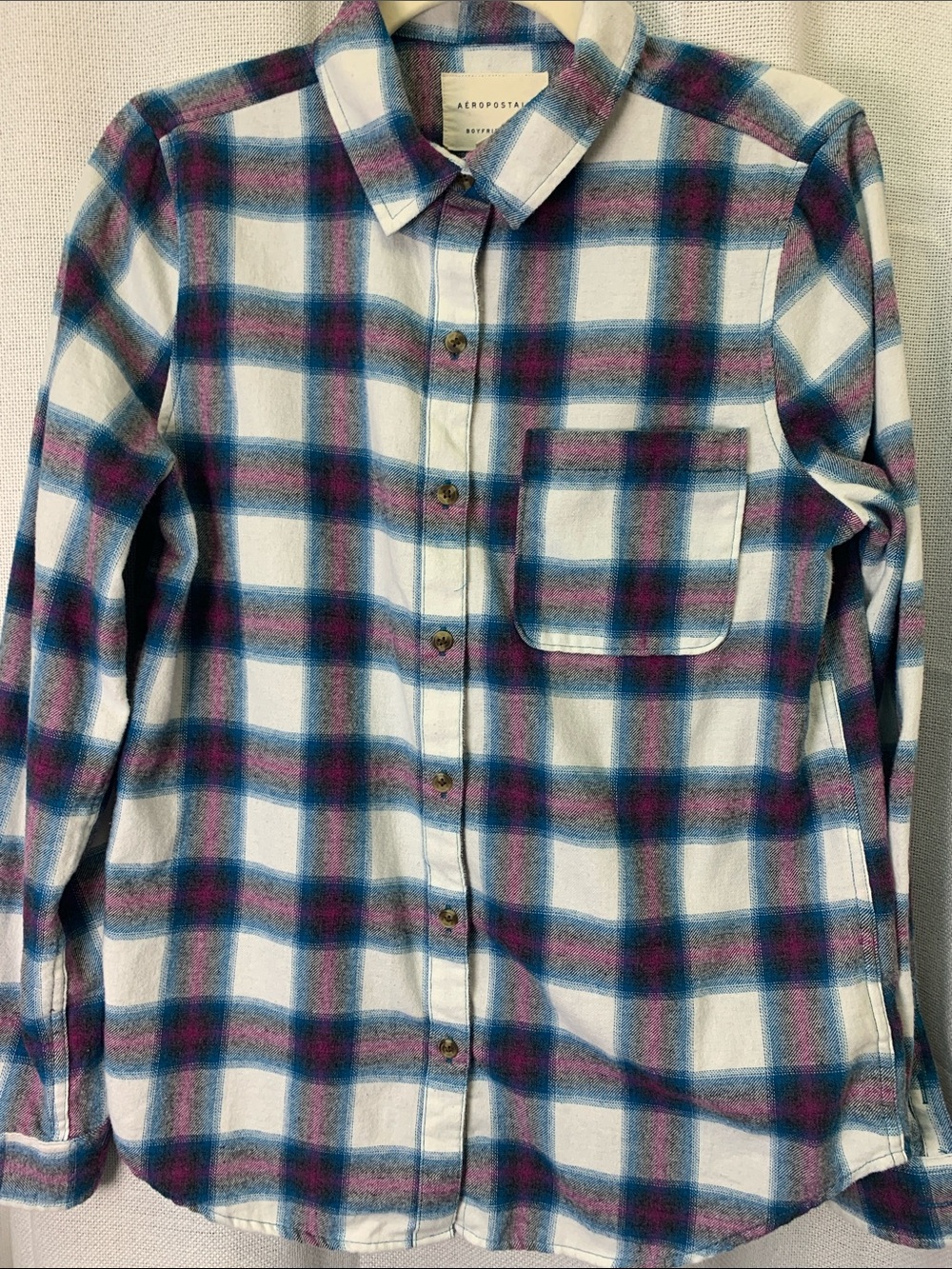 Women’s Aeropostale Boyfriend Fit Blue, Pink and Cream Shirt Size M